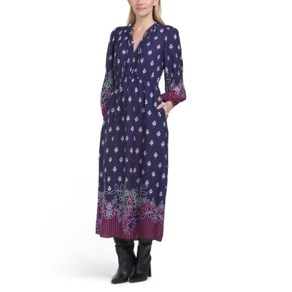 CELINA MOON Denim Blue Long Sleeve Floral Maxi Dress